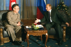 79180 President Vladimir Putin (R) gestures at his meeting with visiting North Korean leader Kim Jong-Il