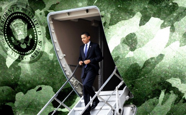 President Barack Obama arrives at Sather Air Base