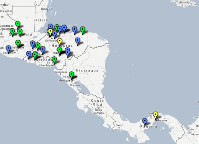 Attacks on journalists in Central America: yellow/arrests, green/attacks, blue/killings.